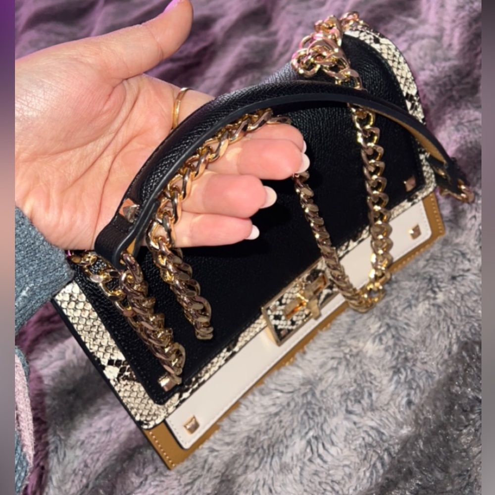 Aldo Black, White & Tan Crossbody Bag with Snake-Trim - Picture 6 of 9